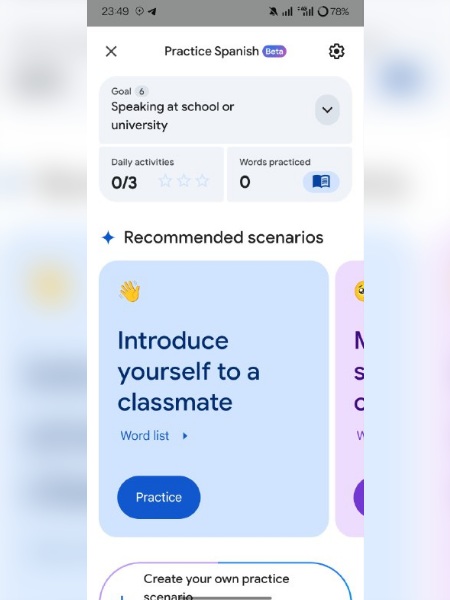A leaked screenshot of Google Translate's supposed "practice" feature to help users learn new languages.
