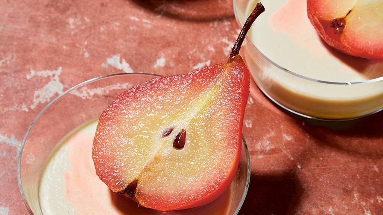 Saffron panna cotta pots and poached pears recipe