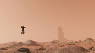 Starfield screenshot showing a human leaping into the air upon a dusty orange planet, thick with fog.