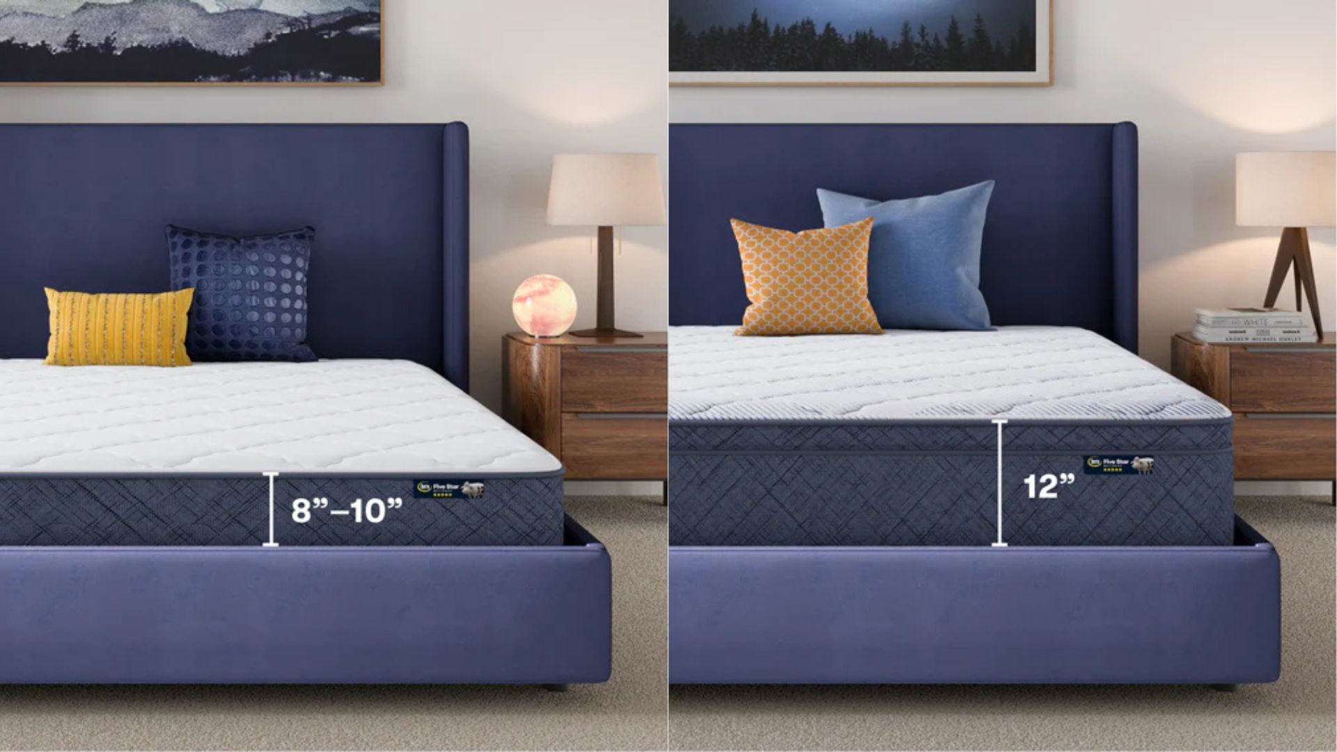 A split screen of the Serta Five Star Mattress in two different profiles: 8"-10" profile (left) and 12" profile (right).