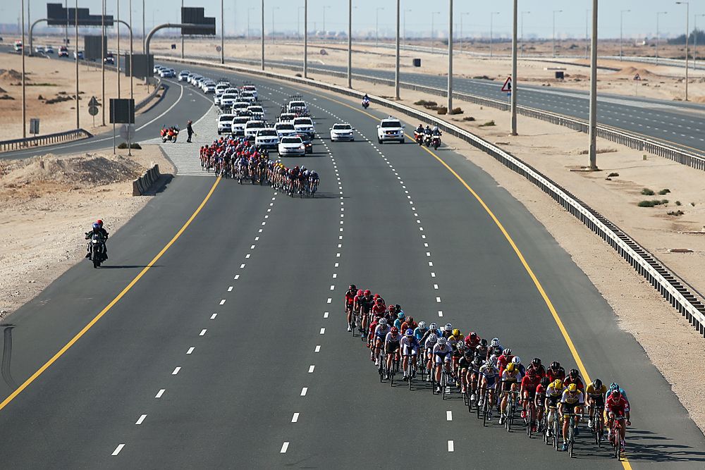 Splits in the peloton near the finish of stage 4 of Tour of Qatar