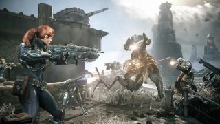 Screenshot from Gears of War Judgment showing a female gear fighting the Locust.