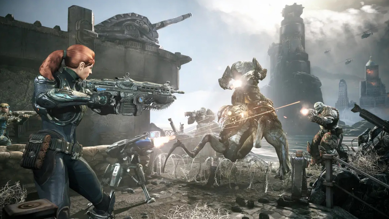 Screenshot from Gears of War Judgment showing a female Gear fighting the Locust.