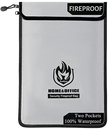 Upgraded Two Pockets Fireproof Document Bag (2000℉), Andyer 15”x 11”waterproof Fireproof Money Bag for Cash With Zipper, Important Document Storage Organizer for Valuables, Legal Documents Safe