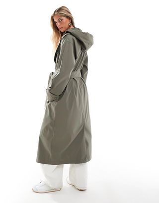 Asos Design Rubberised Rain Hooded Trench Coat With Belt Detail in Khaki