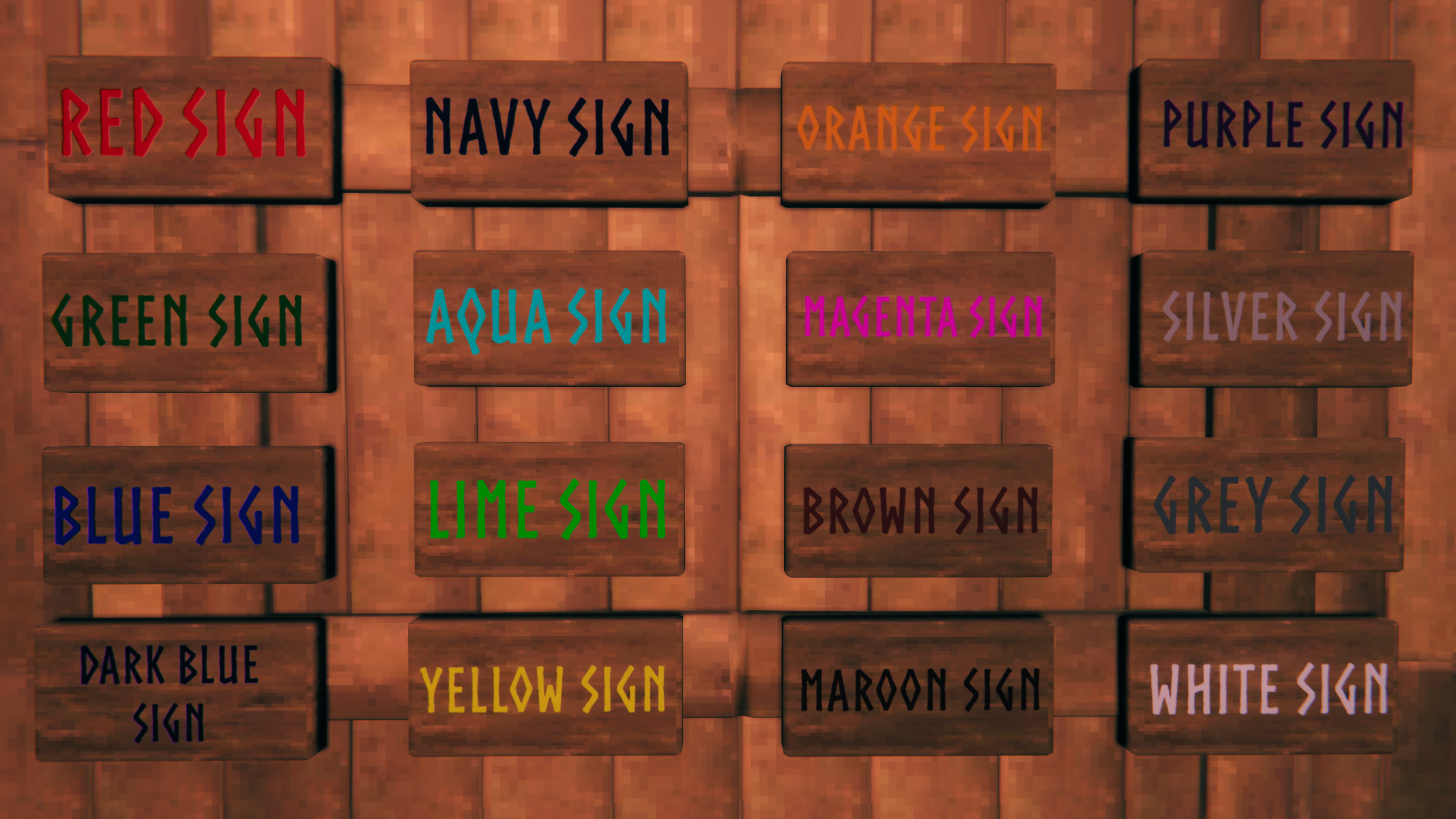 16 different Valheim signs showing different colors you can use for the text