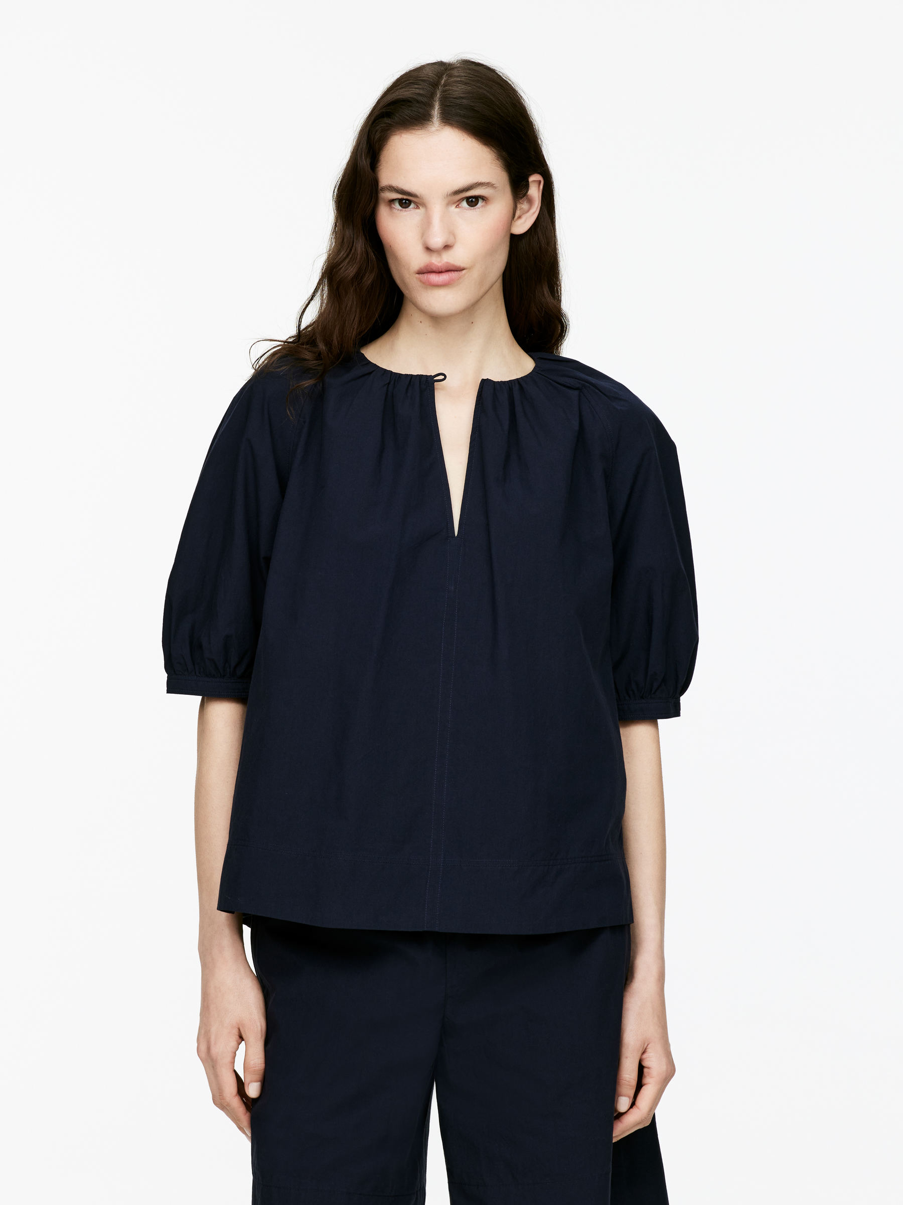 Gathered Cotton Top 
 Dark Blue 
 Women 
 Arket Gb