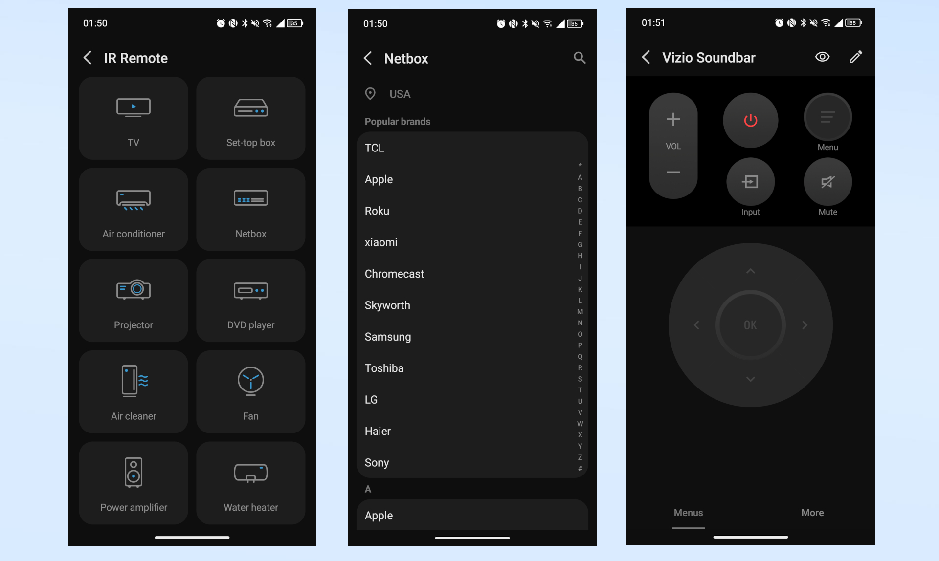 A series of screenshots showing TCL's IR Remote app on the TCL NXTPAPER 70 Pro