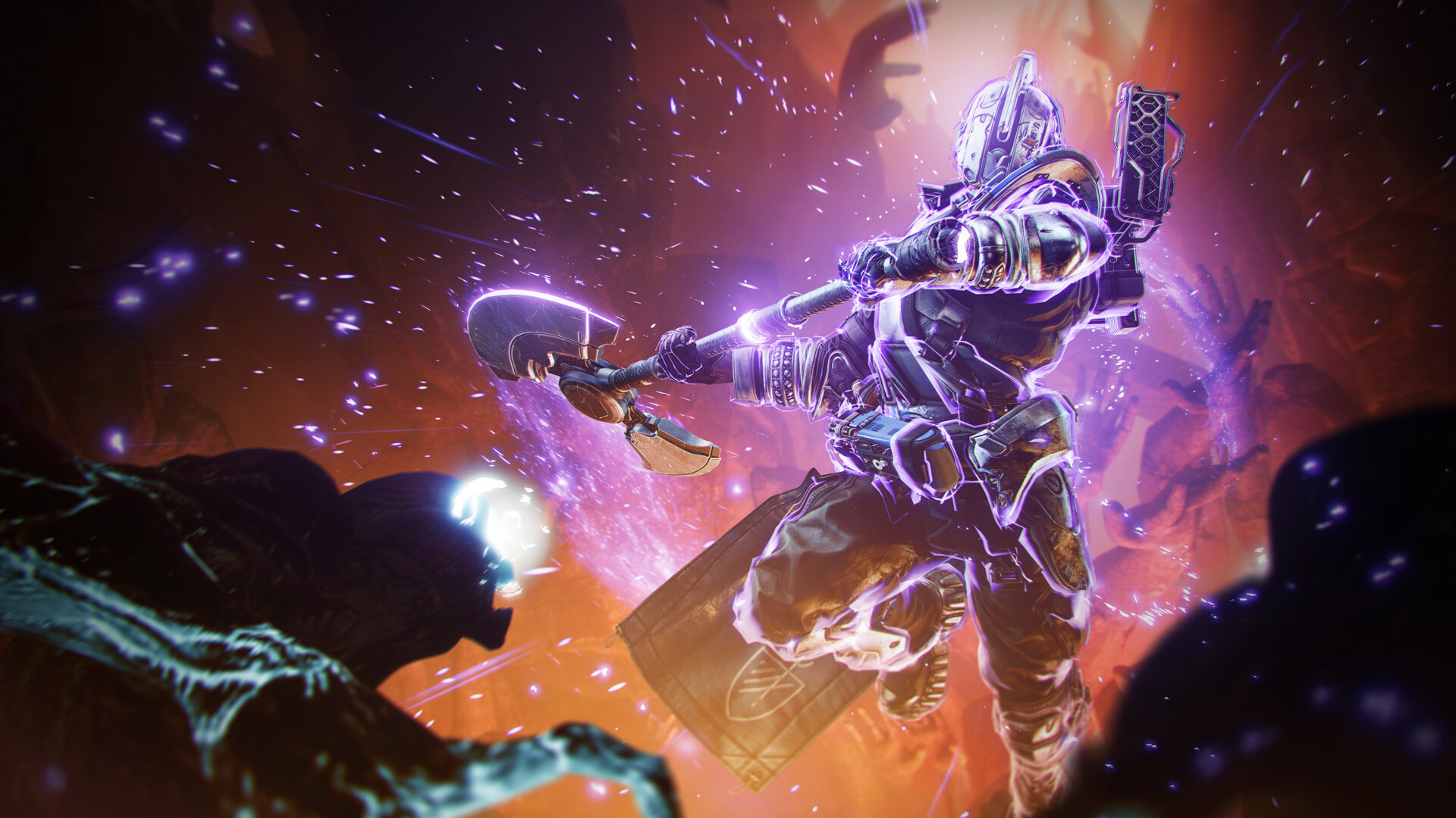 Destiny 2 screenshot showing a futuristic warrior charging forwards with a battle-axe