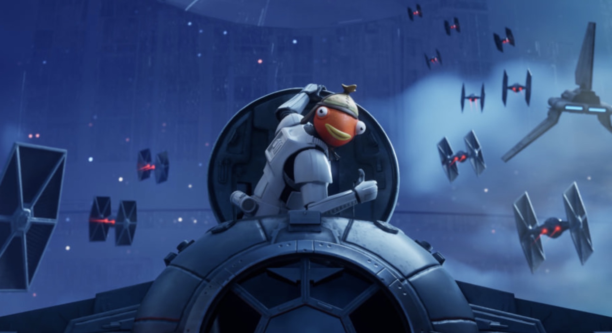 Fish Stick climbs into the cockpit of a TIE Fighter, giving a thumbs up and looking back at the camera