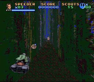 Super Jedi also mixes different gameplay styles like the NES Star Wars game. Here, the game features 3D Mode 7-style racing with speeder bikes on Endor.