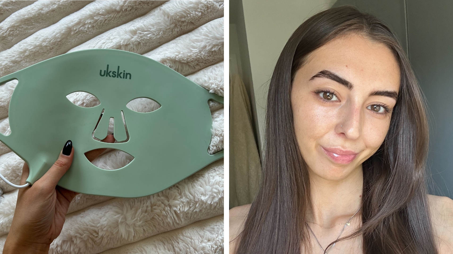 Collage of Sennen holding the UKLASH LED mask and image of Sennen's complexion after using the UKLASH LED mask
