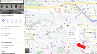 Nuoli osoittamassa Google Mapsin valikossa olevaa etäisyyden mittausta