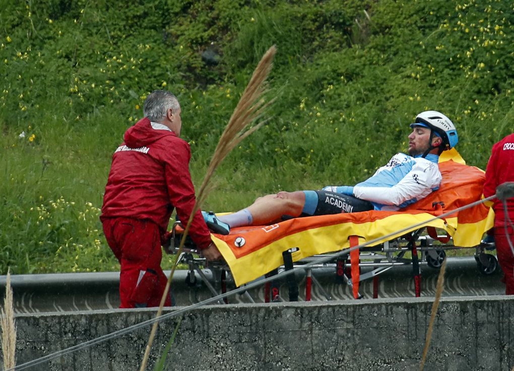 israel Cycling Academy's Guy Sagiv crashed at Giro di Sicilia and was taken away by ambulance. The team later reported he was OK but for some abrasions.