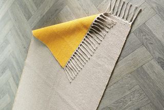 Yellow and grey flatweave rug from Aldi