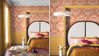 bedroom with orange patterned wallpaper and mustard yellow paint details to support the 70s inspired interior design trend for 2023