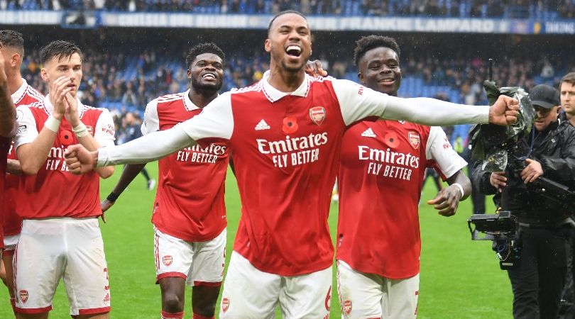 Arsenal&#039;s Gabriel celebrates after the Gunners&#039; 1-0 win at Chelsea.