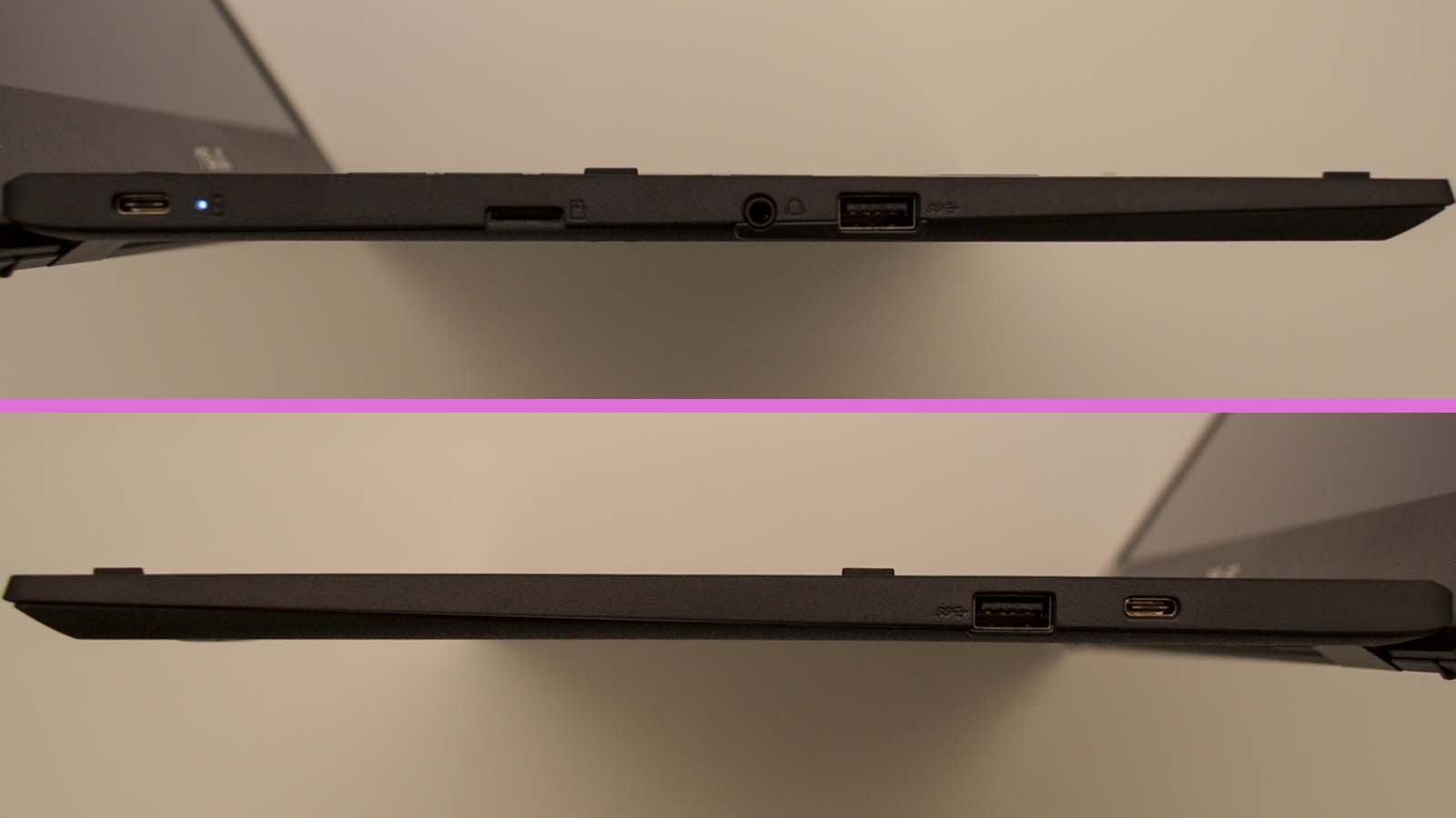 A split view of the Asus Chromebook CX1500's chassis, showing the ports on each side