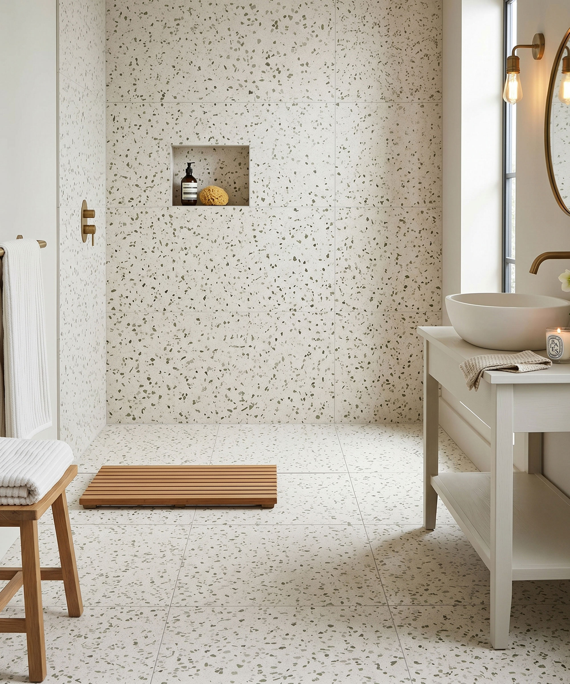 wet room with terrazzo effect porcelain tiles on walls and floors