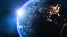 3D render of planet Earth with clouds and day and night illuminated side.
