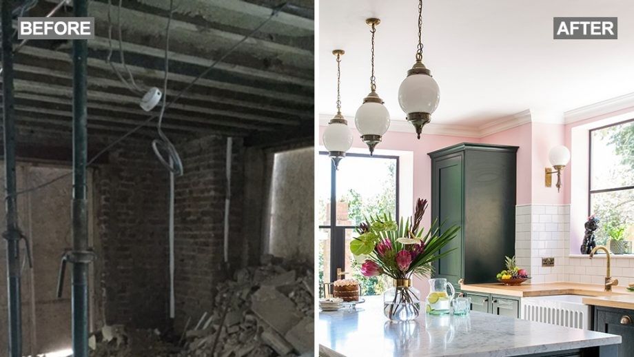 Basement kitchen makeover with emerald green units marble worktops and pink walls split