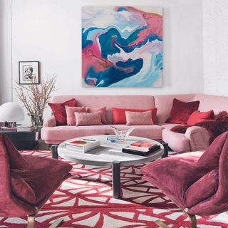 Living room with red and white abstract rug