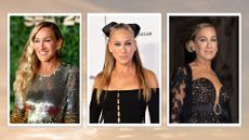three images of Sarah Jessica Parker on the red carpet, on a black and gold cloudy background