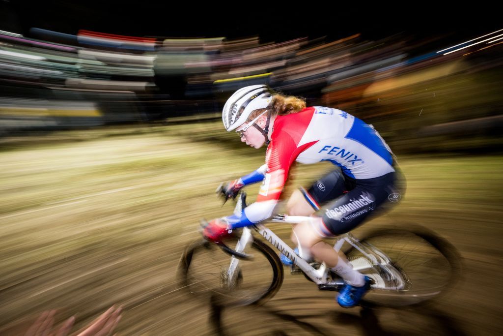 Dutch Puck Pieterse pictured in action during the women elite race of Cross Diegem cyclocross cycling event, Thursday 28 December 2023 in Diegem, stage 7/8 in the Superprestige cyclocross cycling competition. BELGA PHOTO JASPER JACOBS (Photo by JASPER JACOBS / BELGA MAG / Belga via AFP)