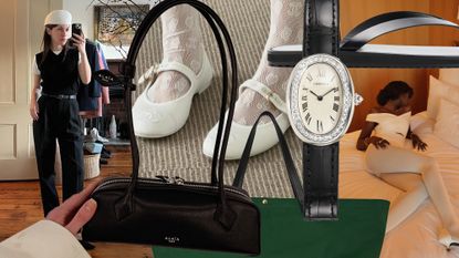 A collage of viral spring 2024 accessories, including handbags, shoes, hats, watches, and more.