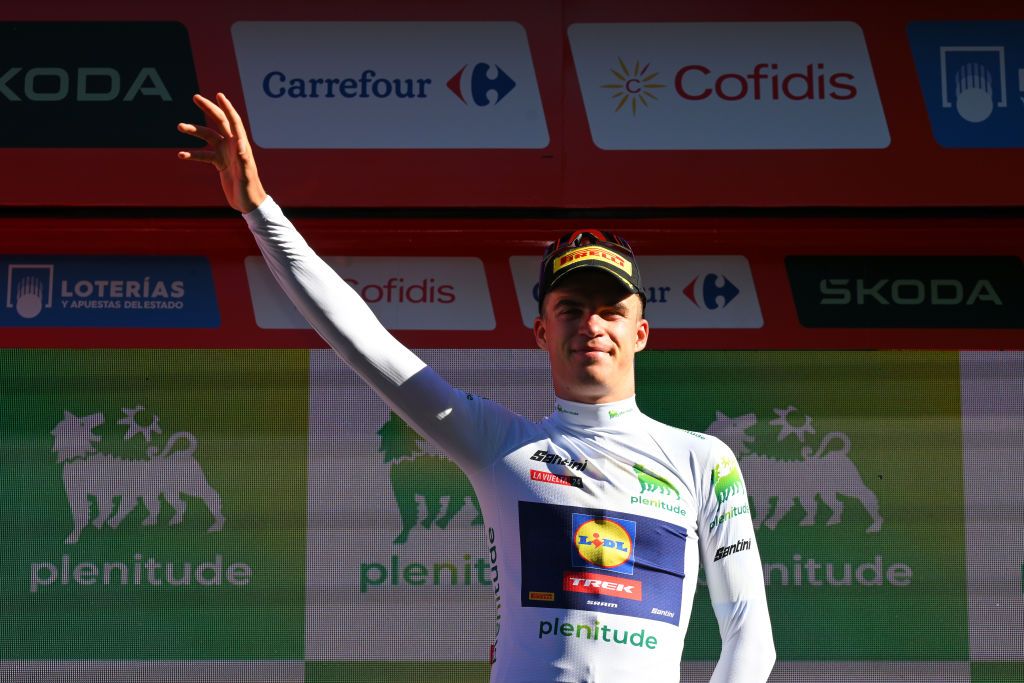 OUREM PORTUGAL AUGUST 18 Mathias Vacek of Czech Republic and Team Lidl Trek White Best Young Rider Jersey celebrates at podium during the 79th La Vuelta Ciclista a Espana 2024 Stage 2 a 194km stage from Cascais to Ourem UCIWT on August 18 2024 in Ourem Portugal Photo by Tim de WaeleGetty Images