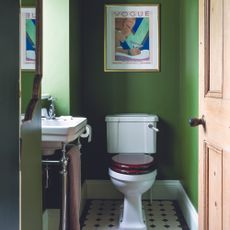 Green downstairs bathroom with toilet and green print above it.