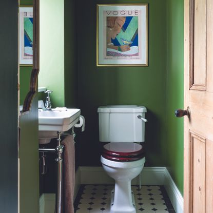 Green downstairs bathroom with toilet and green print above it.