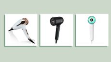 Collage of three of the best hair dryers for fine hair featured in this guide from ghd, Shark and Zuvi