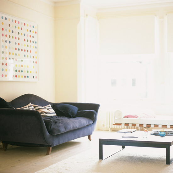 minimal victorian living room with bright light and navy blue sofa