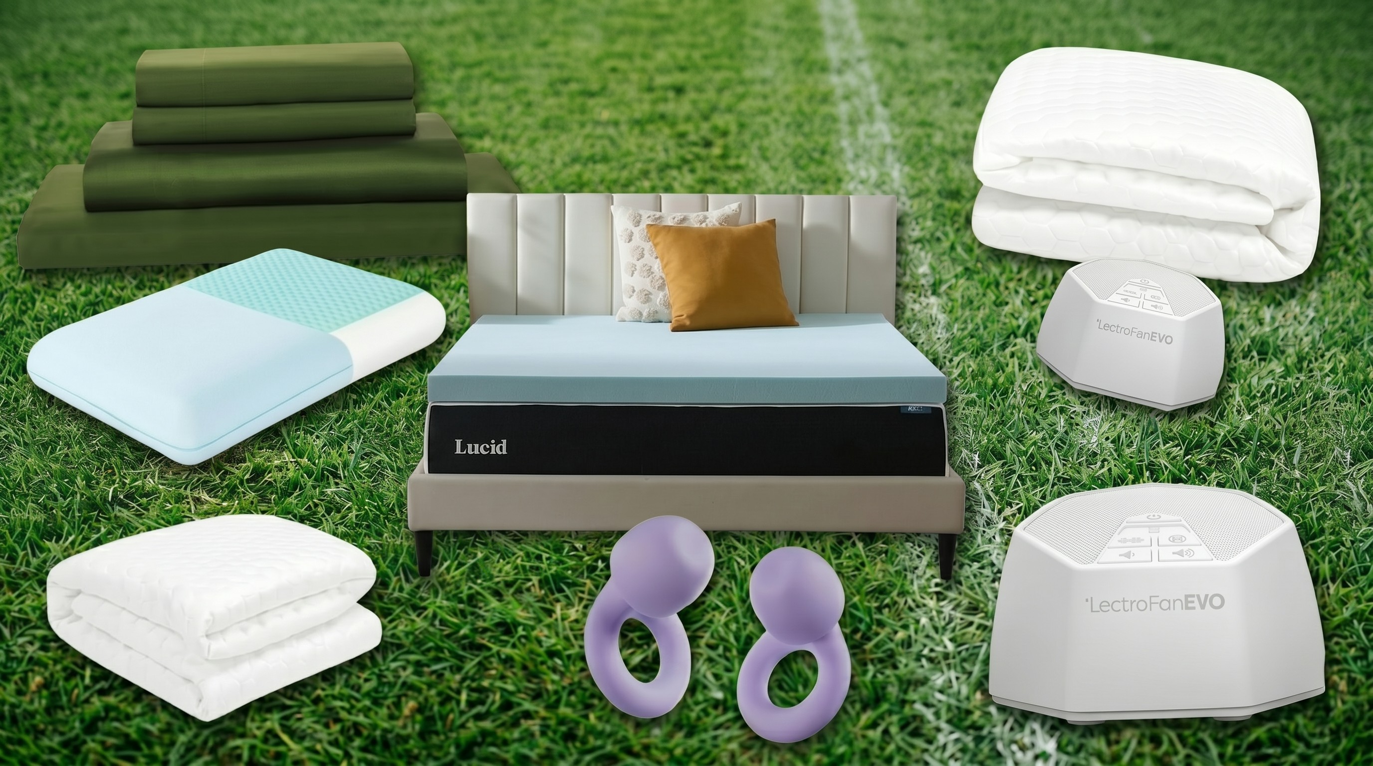 Sleep products on a football pitch background