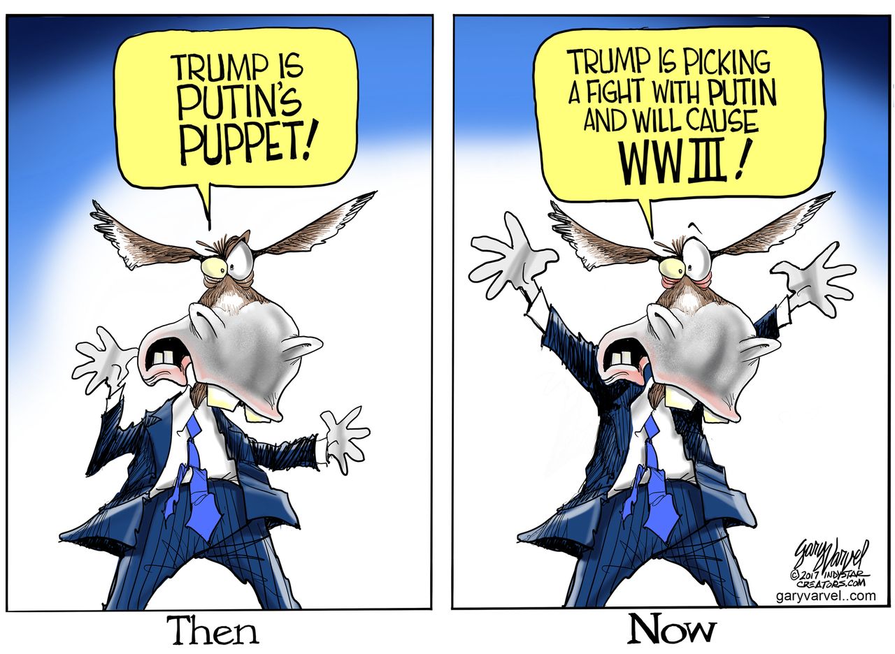 Political Cartoon U.S. President Trump Putin puppet World War III