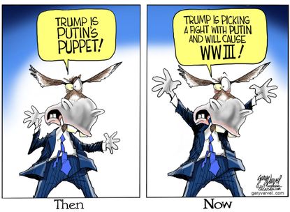 Political Cartoon U.S. President Trump Putin puppet World War III
