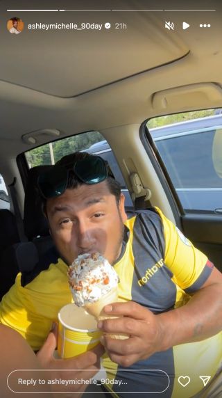 Manuel eating ice cream in Ashley's car