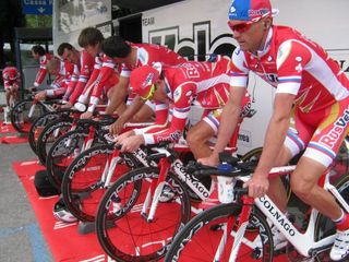 The Rusvelo riders on their Colnago TT bikes