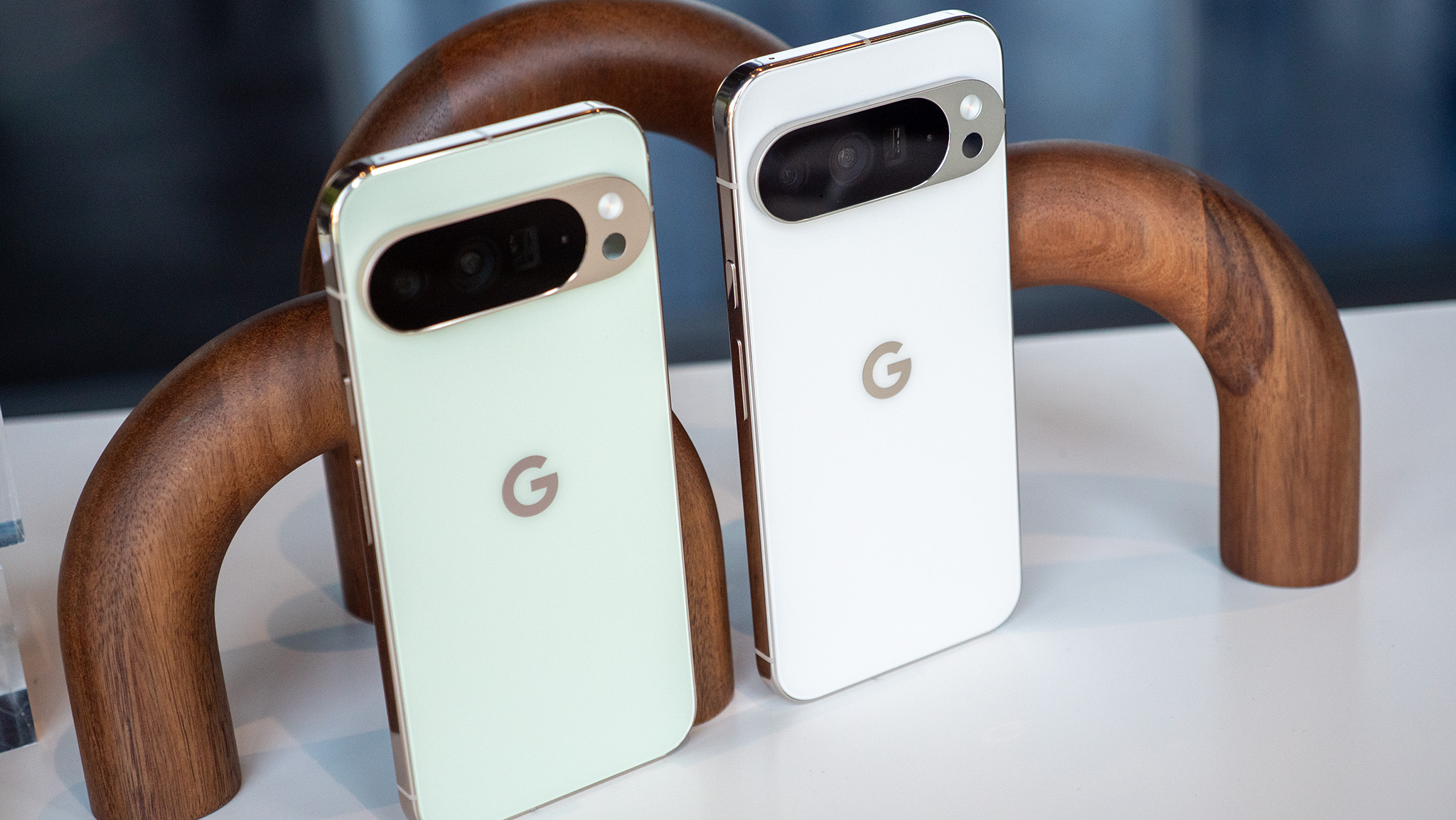 The back of the jade Google Pixel 10 Pro XL compared to the porcelain colorway