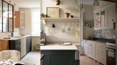 three kitchen images to support a guide on how to make a small kitchen look bigger with styling tricks