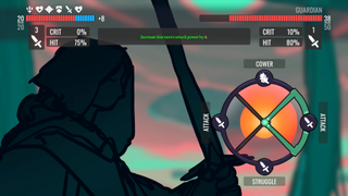 A screenshot of game jam submission Blade & Wheel. A character wielding a sword awaits input from the user interface, a "wheel" on which the words "cower, "attack," "attack," or "struggle" are arranged.