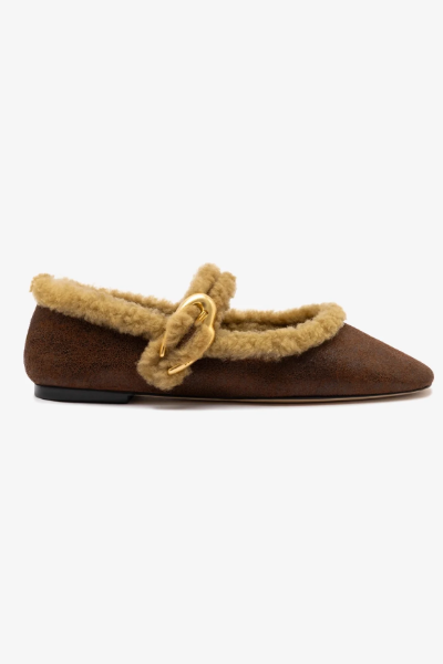 Larroud&amp;eacute;, Verona Ballet Flat in Cocoa Leather and Natural Shearling