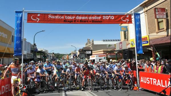 The peloton waits for the start in Gawler