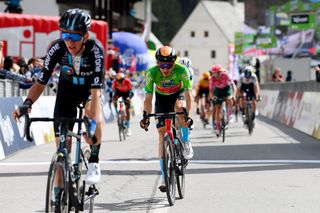 LIENZ AUSTRIA APRIL 21 Pello Bilbao Lpez De Armentia of Spain and Team Bahrain Victorious green leader jersey reacts after cross the finishing line during the 45th Tour of the Alps 2022 Stage 4 a 1424km stage from Villabassa to Kals am Grossglockner 1336m TouroftheAlps on April 21 2022 in Lienz Austria Photo by Tim de WaeleGetty Images