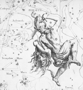 Algol, the Demon Star, is located about 90 light-years away in the constellation Perseus, where it can be found as one of the eyes in Medusa's head as seen in Johannes Hevelius' Perseus illustration from Uranographia.