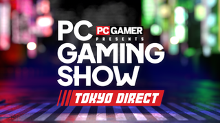 the words 'PC Gamer presents PC Gaming Show Tokyo Direct' are displayed in front of a blurred, night-time, neon-soaked cityscape