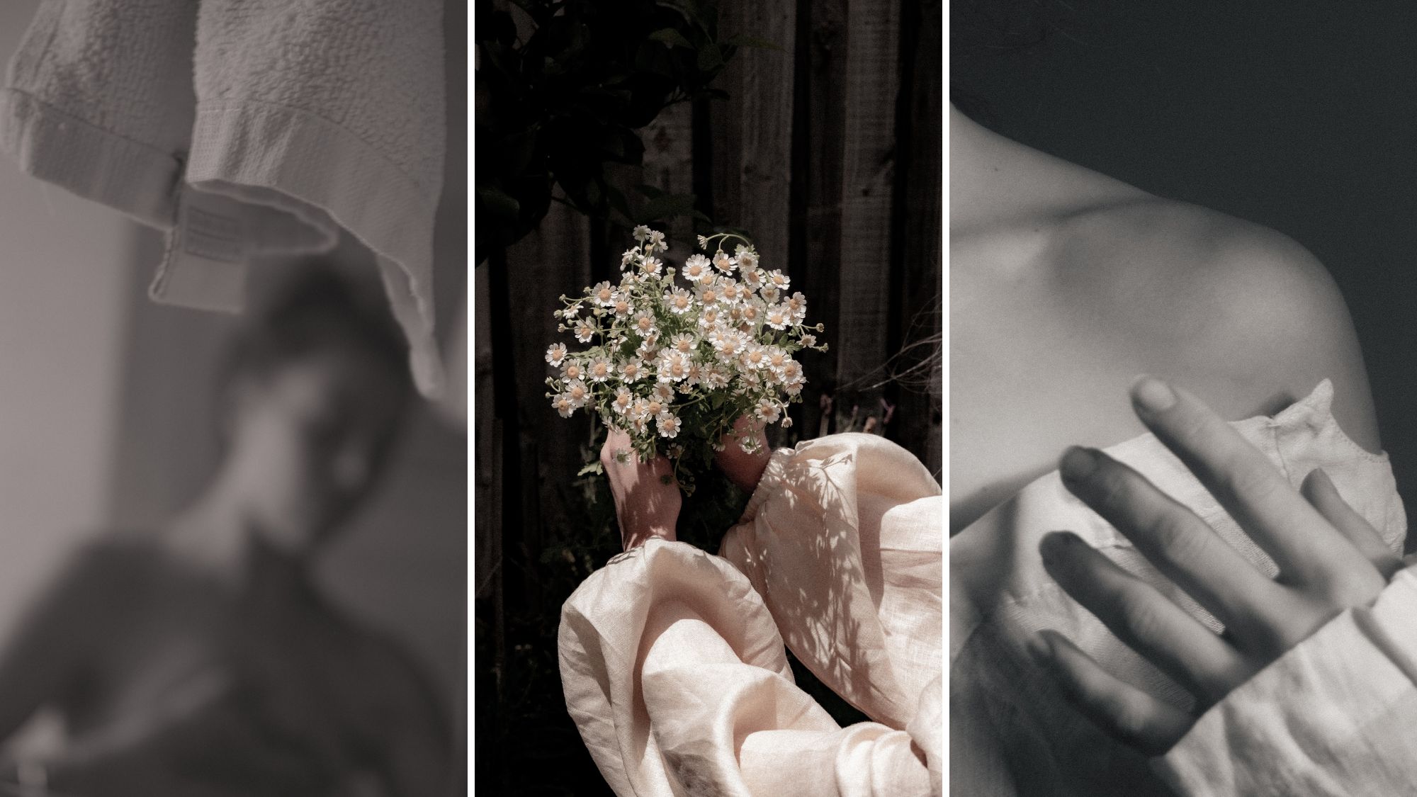 A woman in the shadows; holding a bunch of flowers
