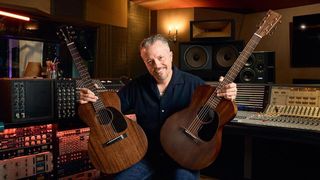 Jason Isbell with his two new signature acoustics from Martin, the 0-17, a high-end replica of his 1940 model, and the 0-10E Retro, a more affordable version.