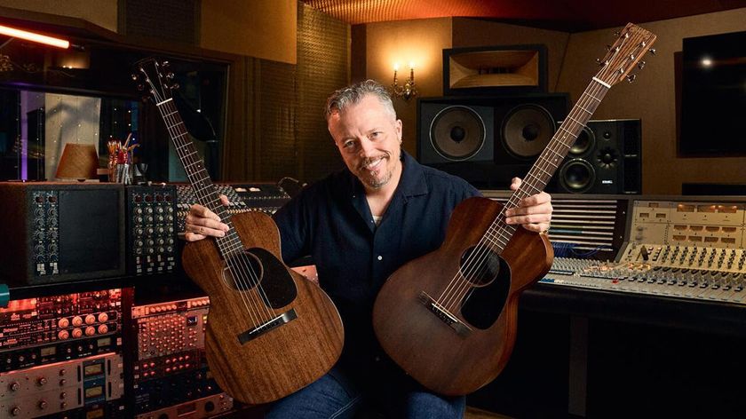 Jason Isbell with his two new signature acoustics from Martin, the 0-17, a high-end replica of his 1940 model, and the 0-10E Retro, a more affordable version.